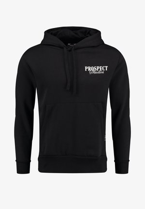 Felpa nera con cappuccio in cotone, dotata di tasca a marsupio frontale, cappuccio con cordino e logo "PROSPECT Studios" bianco sul petto.