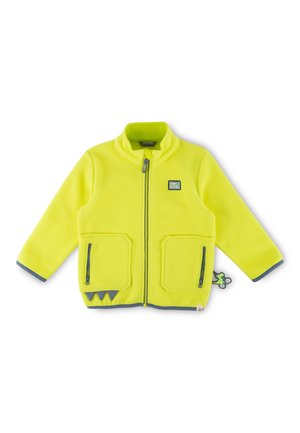 Gelbe Fleecejacke mit hohem Kragen, Reißverschluss, zwei vorderen Taschen, grauen Akzenten und einem dekorativen Label am Saum.