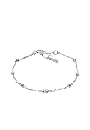Bracelet fin en chaîne d'argent avec des perles rondes espacées et une petite pierre précieuse claire centrale, avec un fermoir mousqueton et des maillons ajustables.