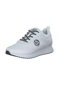 Białe sportowe buty wykonane ze sztucznej skóry, z czarnymi akcentami, zaokrąglonym czubkiem, sznurowanym zapięciem oraz teksturowaną podeszwą dla lepszej przyczepności.