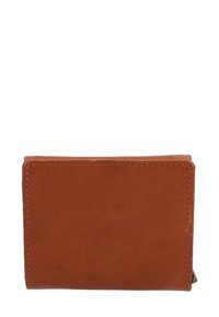 Hnědá kožená peněženka s hladkou texturou, obdélníkového tvaru a prošitými okraji. Minimalistický design bez viditelných kovových prvků nebo ozdob.