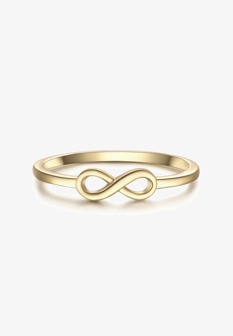 Anillo de oro con símbolo de infinito, con una banda lisa y delgada y un acabado pulido. El símbolo del infinito está centrado, realzando su diseño minimalista.