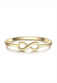 Gouden infinityring met een gladde, slanke band en een gepolijste afwerking. Het infinitysymbool is gecentreerd, wat het minimalistische ontwerp versterkt.