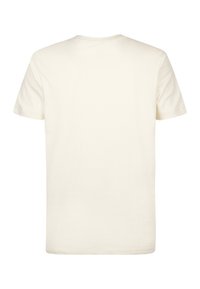 Effen witte katoenen T-shirt met korte mouwen, gezien van achteren, met een ronde halslijn en een rechte zoom.