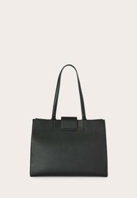 Borsa a tracolla nera in pelle con finitura testurizzata, forma rettangolare, doppie maniglie e chiusura piatta superiore. Design minimalista.