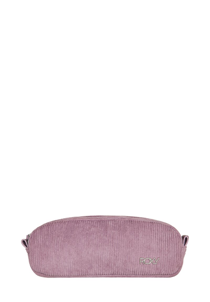 Roze corduroy puntenhouder met een afgeronde vorm en een ritssluiting. Voorzien van een zilveren Roxy-logo aan de voorkant. Zachte textuur, compact design.