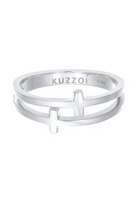 Ezüst gyűrű, két átfedő sávval és kis kereszt díszítéssel. "Kuzzoí" és "925" jelöléssel a sterling ezüst minőségért. Simább felület.