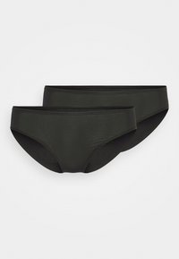 Two pairs of women's briefs in dark green, made of smooth fabric with a seamless design and a mid-rise waist.