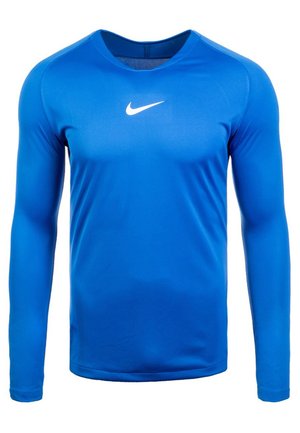 Blauw sportshirt met lange mouwen van gladde, lichte stof. Heeft een ronde halslijn en een wit Nike-logo op de borst.