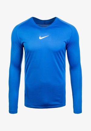 Blaues langärmliges Sportshirt aus glattem, leichtem Material. Mit rundem Ausschnitt und weißem Nike-Logo auf der Brust.
