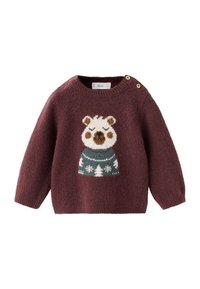 Dječji pleteni pulover u burgundcu s dizajnom medvjedića. Ima sliku medvjedića s zelenim uzorkom na puloveru i drvene gumbe na ramenima.