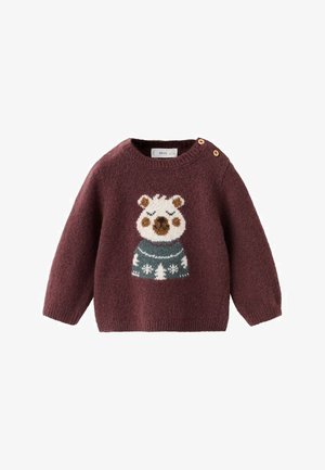 Pull en tricot pour enfant en bordeaux avec un design d'ours. Présente une image d'un pull à motifs verts sur l'ours et des boutons en bois aux épaules.