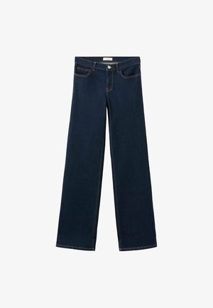 Jeans z szerokimi nogawkami w ciemnoniebieskim kolorze, z zapięciem na guzik, dwiema przednimi kieszeniami oraz kontrastowym szwem. Gładka tekstura bez wzorów.