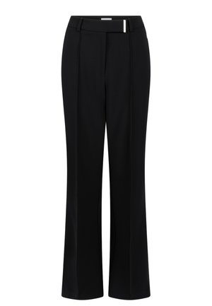Zwarte op maat gemaakte wijde broek met riemlussen en een slanke gespdetail op de tailleband.