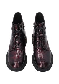 Lace-up ankle boots in a glossy burgundy finish. Features textured surface, black sole, and side zip for easy access.