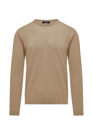 Beżowy sweter z długim rękawem i okrągłym dekoltem, z gładką teksturą oraz ściągaczami przy mankietach i na dole. Prosty i elegancki design.