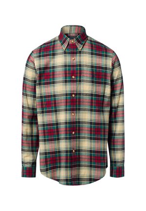 Camicia a quadri in cotone con un motivo verde, rosso e crema, colletto con bottoni e maniche lunghe con polsini a bottoni.