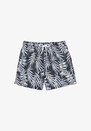 Melni peldētājs šorti ar baltu tropisko lapu rakstu, elastīgu jostasvieta ar auklu un vieglu auduma tekstūru.