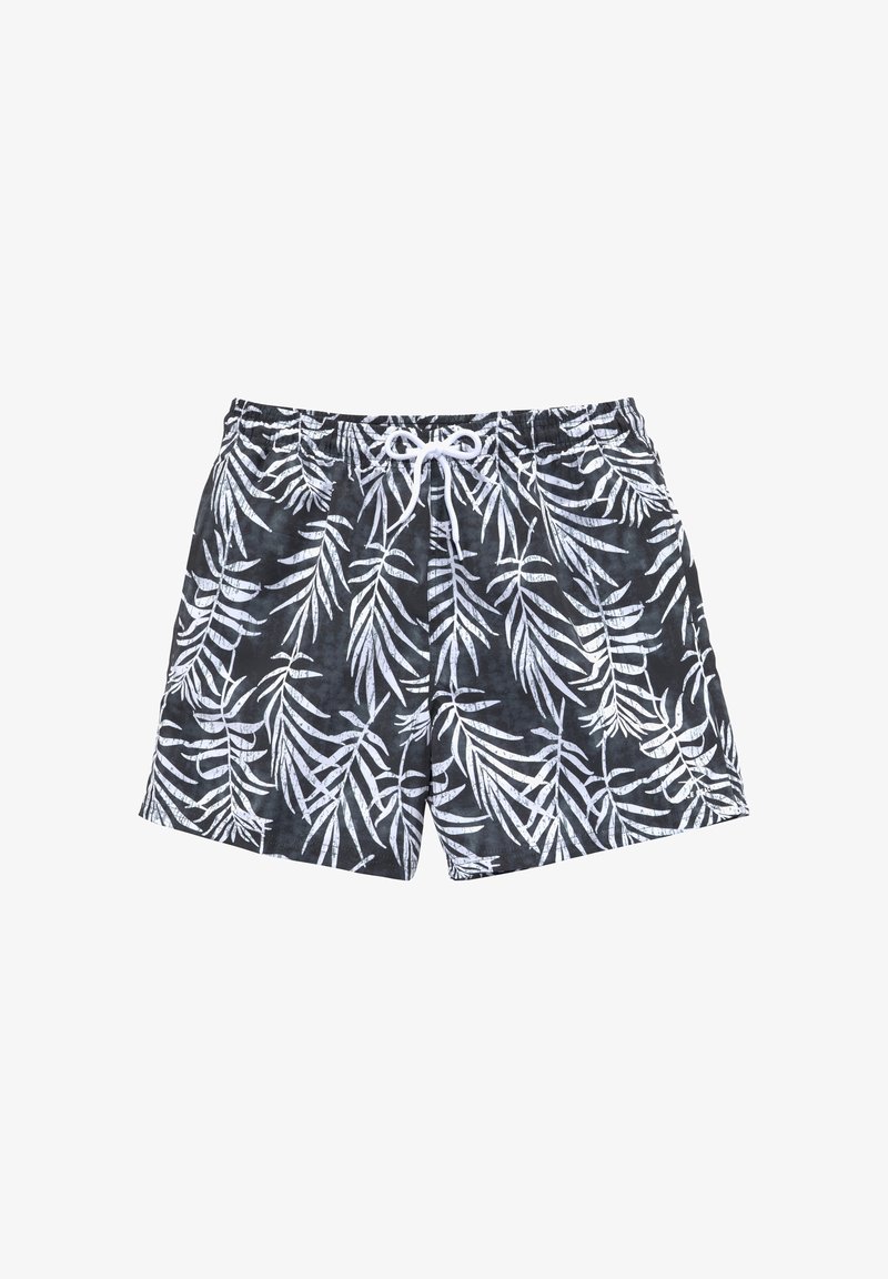 Juodos maudymosi šortai su balta tropine lapų raštu, elastinga juosmens juosta su raišteliu ir lengvos medžiagos tekstūra.