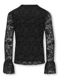 Juodas ilgomis rankovėmis nėriniuotas viršus su gėlėtu raštu, permatomomis rankovių detalėmis, raukšlėtomis rankogaliais ir aptempta siluete.