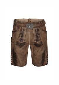 Braune Lederhosen mit aufwändiger schwarzer Blumenstickerei und einer silbernen Schnalle. Seitenknöpfe und Gürtelschlaufen vervollständigen das Design.