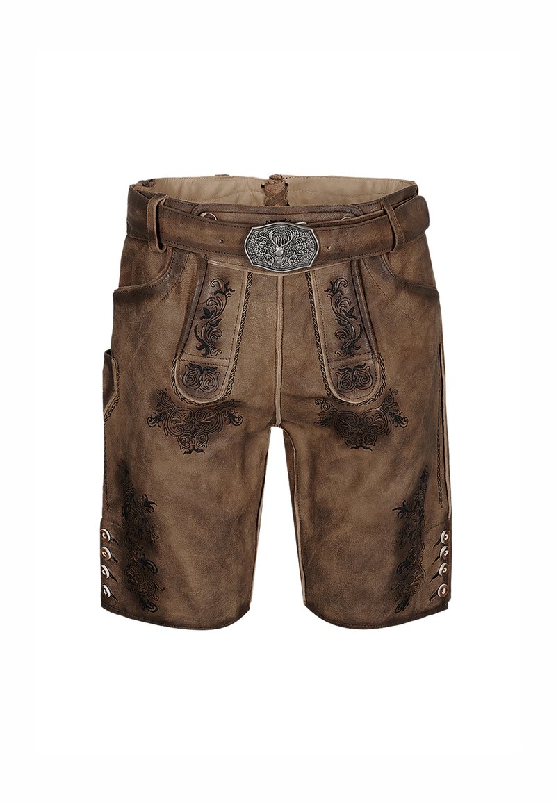 Braune Lederhosen mit aufwändiger schwarzer Blumenstickerei und einer silbernen Schnalle. Seitenknöpfe und Gürtelschlaufen vervollständigen das Design.