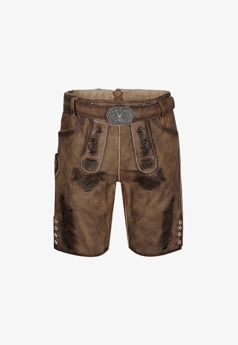Hnědé kožené šortky mají složité černé květinové vyšívání a stříbrnou sponu. Postranní knoflíky a poutka na opasek dokončují design.