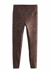 Braune Leggings mit einem strukturierten, abstrakten Muster, einem hohen Taillenbund und kontrastierendem schwarzen Nähten entlang der Nähte.