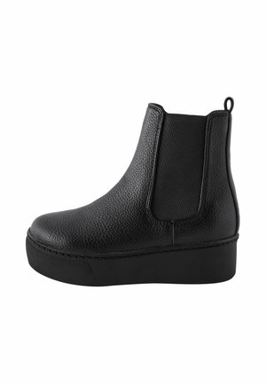 Bottine noire en cuir avec surface texturée, panneau latéral élastique, boucle de traction au talon et semelle plateforme épaisse en caoutchouc.