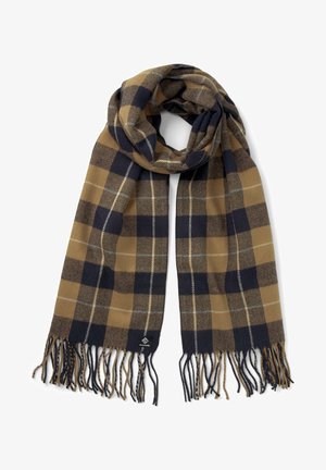 Écharpe en laine à carreaux marron et noir avec des extrémités à franges, pliée et bouclée au centre sur un fond blanc.