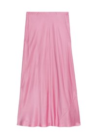 Gonna midi in satin rosa con una texture liscia, una forma svasata e un dettaglio dell'orlo asimmetrico. Presenta una vita comoda.