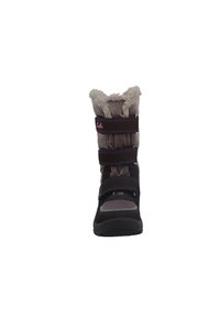 Botte imperméable marron avec doublure en fourrure grise, tige rembourrée et trois sangles velcro réglables. Semelle robuste pour traction et soutien.