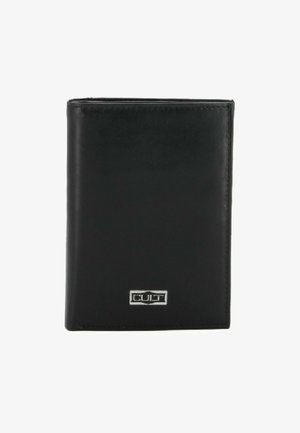 Schwarze Lederbörse mit einem eleganten Design, auf der Vorderseite mit einem silbernen "CULT"-Logo. Glatte Textur, kompakte Form.