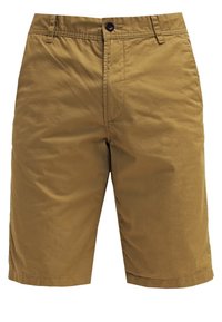 Shorts khaki en coton léger, avec fermeture à bouton, passants de ceinture et un design à l'avant plat. Pas de poches visibles.