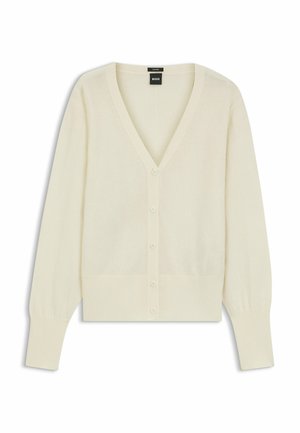 Cremfarbener Cardigan mit V-Ausschnitt, Knopfverschluss und langen Ärmeln. Hergestellt aus weichem Stoff mit gerippten Details an den Bündchen und am Saum.