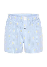 Boxers a rayas azul y blanca con un patrón de polos de hielo amarillos, cinturilla elástica y cierre con botón. Tela de algodón con una textura suave.