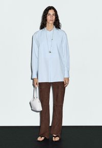 Camicia a maniche lunghe azzurro chiaro con chiusura a bottoni, abbinata a pantaloni a zampa d'elefante in suede marrone. Una borsa bianca e infradito completano l'outfit.
