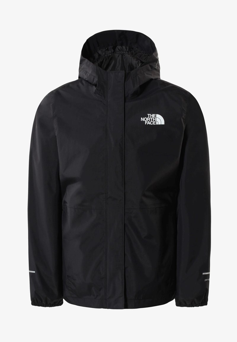 Černá voděodolná bunda s kapucí, předním zipem a elastickými manžetami. Obsahuje reflexní detaily a logo na hrudi. Hladký povrch.