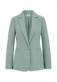 Blazer entallado verde claro con solapas de muesca, cierre de un solo botón y dos bolsillos delanteros. Tela lisa con una textura sutil.