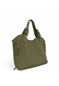 Sac à main en cuir vert olive avec une finition texturée, deux anses et un détail zippé, présentant une forme arrondie et des boucles ajustables.