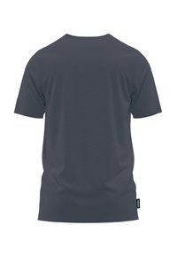 Dunkelgraues kurzärmliges T-Shirt mit Rundhalsausschnitt, das eine glatte Textur aufweist und ein kleines Logoschild an der Seite hat. Keine Muster oder Akzente sichtbar.