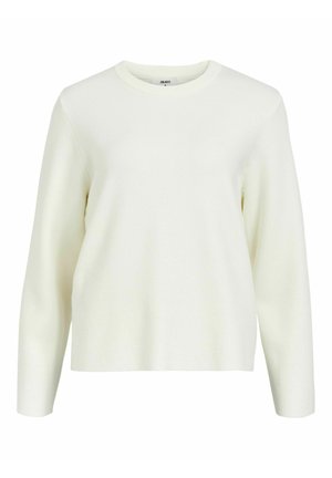 Cream-colored sweater, round neck, long sleeves, soft knit texture, relaxed fit, minimalistic design, tag visible at the neckline.