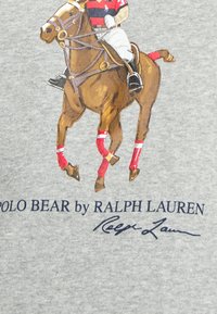 Felpa grigia con un'illustrazione colorata di un orso in abito da polo su un cavallo, con dettagli a righe rosse e bianche e testo con il logo.