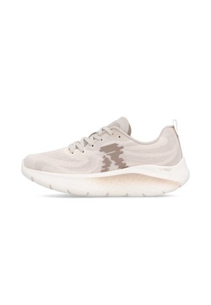 Light beige athletic sneaker with a mesh upper, lace-up closure, and thick white cushioned sole.