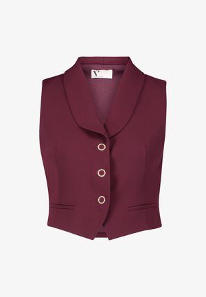 Gilet sans manches bordeaux avec un col notch, trois boutons rehaussés d'or et deux poches avant. Tissu lisse avec un design structuré.