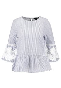 Top peplum a righe blu e bianche, con dettagli in pizzo sulle maniche a campana e scollatura rotonda. Materiale in morbido misto cotone.