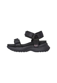 Sandalias negras con cierres de correa ajustables, suela acolchada y suela texturizada. Diseñadas con detalles del logo en las correas y el lateral.