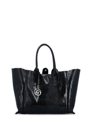 Black patent leather handbag with crocodile texture, two handles, and a round silver logo charm hanging from one handle.