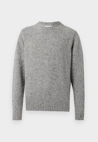Gray textured sweater with a crew neck, long sleeves, and ribbed cuffs. Features a speckled pattern throughout the fabric.