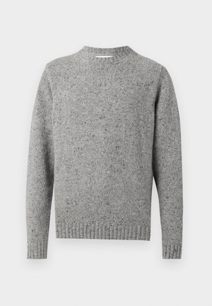 Gray textured sweater with a crew neck, long sleeves, and ribbed cuffs. Features a speckled pattern throughout the fabric.
